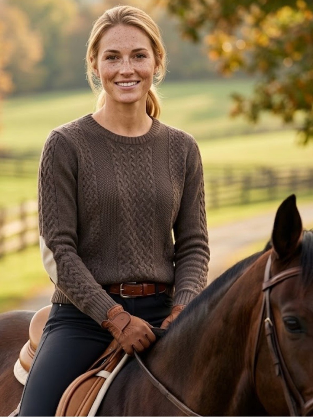 Asmar Equestrian Brown Cable Knit 
Sweater with Elbow Patches - Size Small
